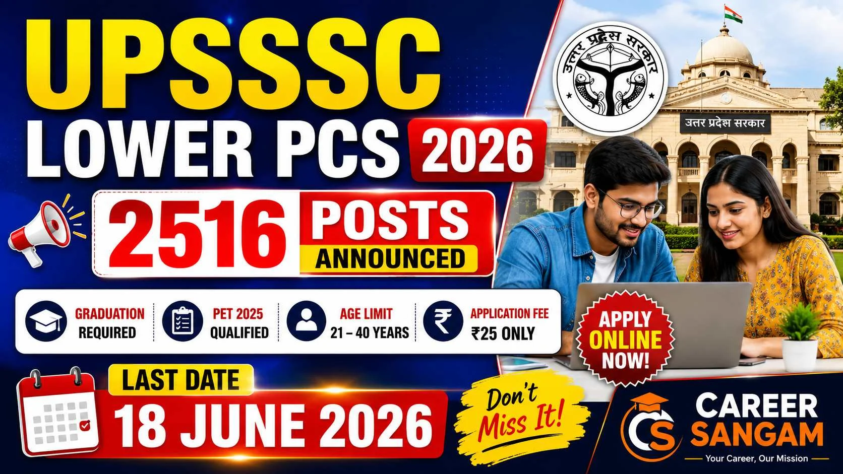 UPSSSC Lower PCS Recruitment 2026 2516 Vacancies | Apply Online Till 18 June 2026 Career Sangam
